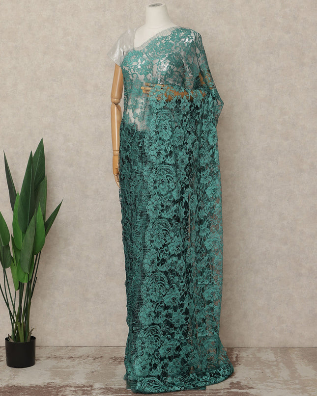 Fern Green 2 Tone Premium French Chantilly Saree Lace Fabric 5.5 Mtrs Length 110 Cms Width Floral Eyelash Net Designer Drape Material Made In France, Blouse Not Included-D28086