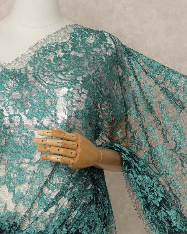 Fern Green 2 Tone Premium French Chantilly Saree Lace Fabric 5.5 Mtrs Length 110 Cms Width Floral Eyelash Net Designer Drape Material Made In France, Blouse Not Included-D28086