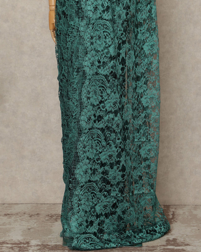 Fern Green 2 Tone Premium French Chantilly Saree Lace Fabric 5.5 Mtrs Length 110 Cms Width Floral Eyelash Net Designer Drape Material Made In France, Blouse Not Included-D28086