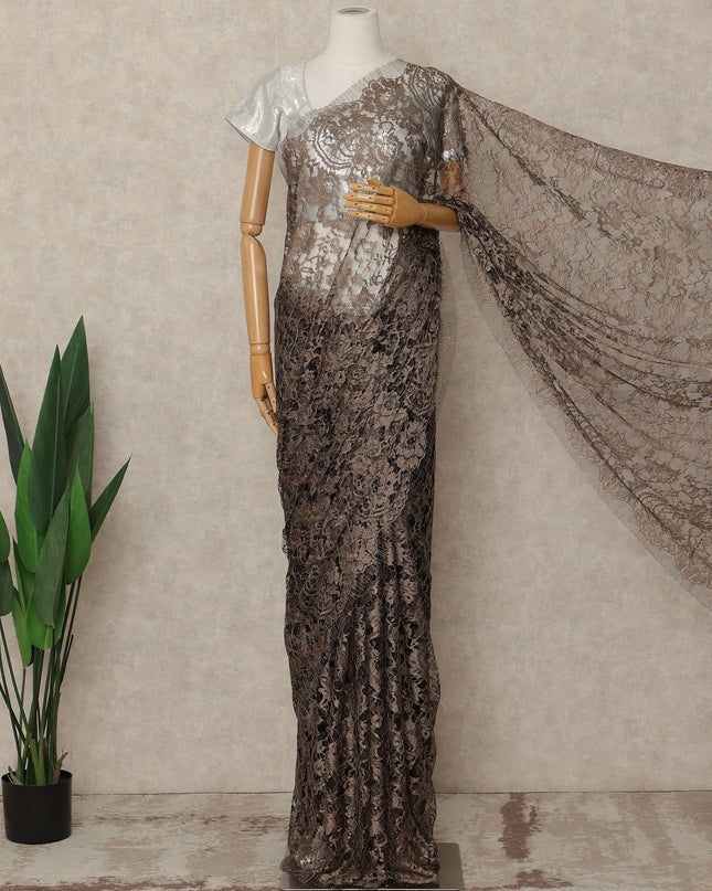 Brown 2 Tone Premium French Chantilly Saree Lace Fabric 5.5 Mtrs Length 110 Cms Width Floral Eyelash Net Designer Drape Material Made In France, Blouse Not Included-D28084