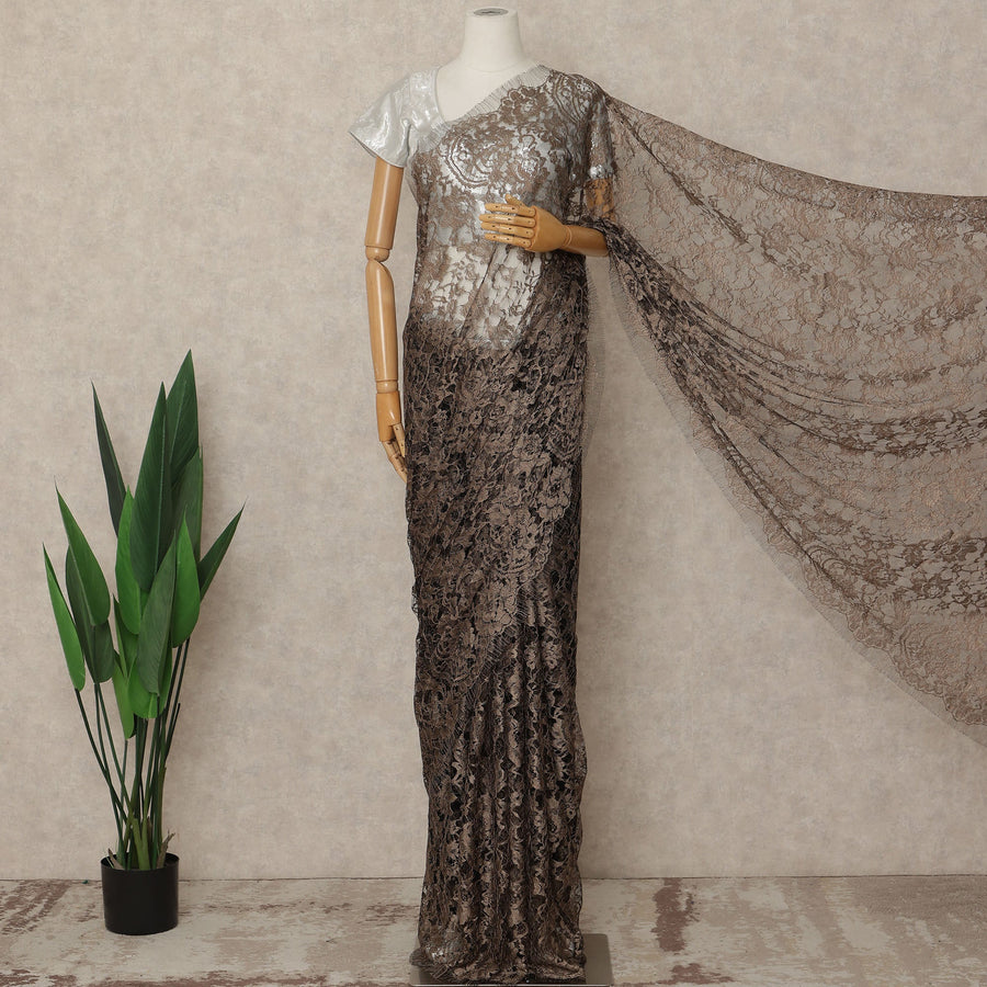 Brown 2 Tone Premium French Chantilly Saree Lace Fabric 5.5 Mtrs Length 110 Cms Width Floral Eyelash Net Designer Drape Material Made In France, Blouse Not Included-D28084 - Regal Fabrics