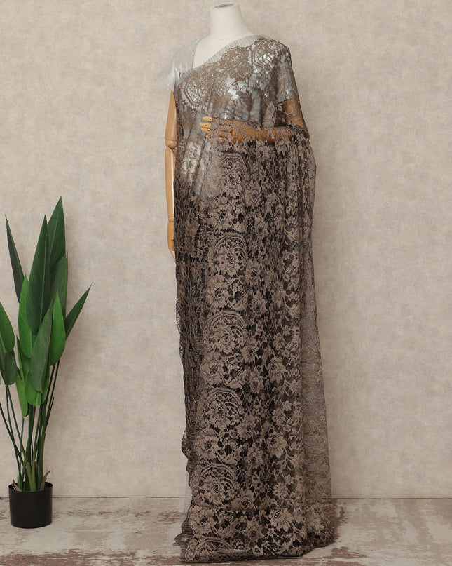 Brown 2 Tone Premium French Chantilly Saree Lace Fabric 5.5 Mtrs Length 110 Cms Width Floral Eyelash Net Designer Drape Material Made In France, Blouse Not Included-D28084