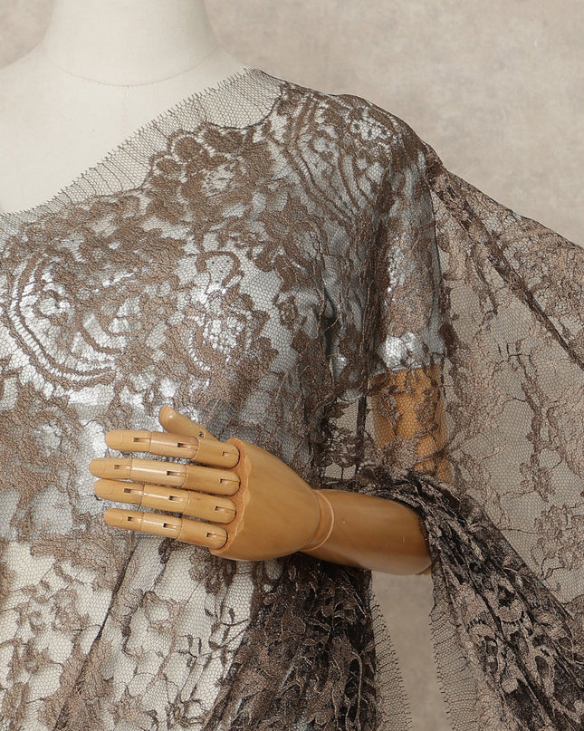 Brown 2 Tone Premium French Chantilly Saree Lace Fabric 5.5 Mtrs Length 110 Cms Width Floral Eyelash Net Designer Drape Material Made In France, Blouse Not Included-D28084