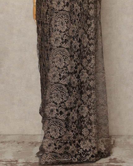 Brown 2 Tone Premium French Chantilly Saree Lace Fabric 5.5 Mtrs Length 110 Cms Width Floral Eyelash Net Designer Drape Material Made In France, Blouse Not Included-D28084 - Regal Fabrics