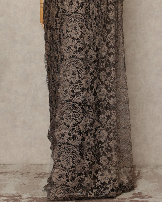 Brown 2 Tone Premium French Chantilly Saree Lace Fabric 5.5 Mtrs Length 110 Cms Width Floral Eyelash Net Designer Drape Material Made In France, Blouse Not Included-D28084