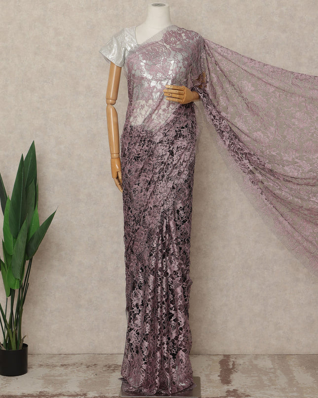Dusty Mauve 2 Tone Premium French Chantilly Saree Lace Fabric 5.5 Mtrs Length 110 Cms Width Floral Eyelash Net Designer Drape Material Made In France, Blouse Not Included-D28087