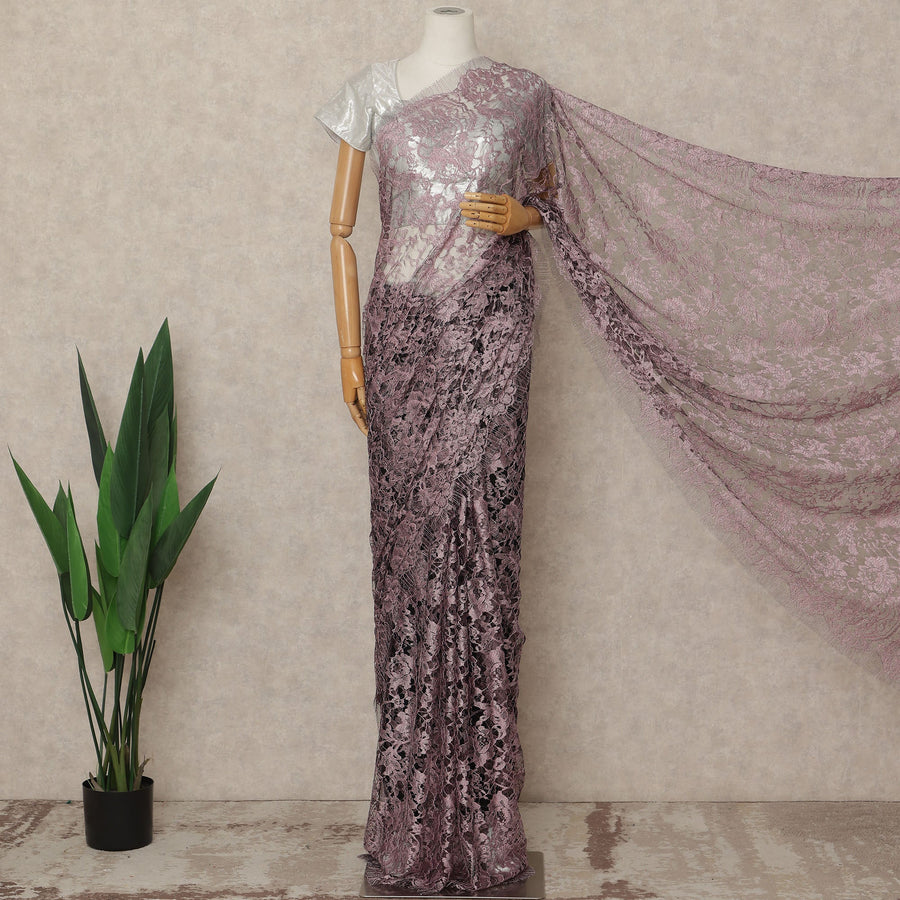 Dusty Mauve 2 Tone Premium French Chantilly Saree Lace Fabric 5.5 Mtrs Length 110 Cms Width Floral Eyelash Net Designer Drape Material Made In France, Blouse Not Included-D28087 - Regal Fabrics