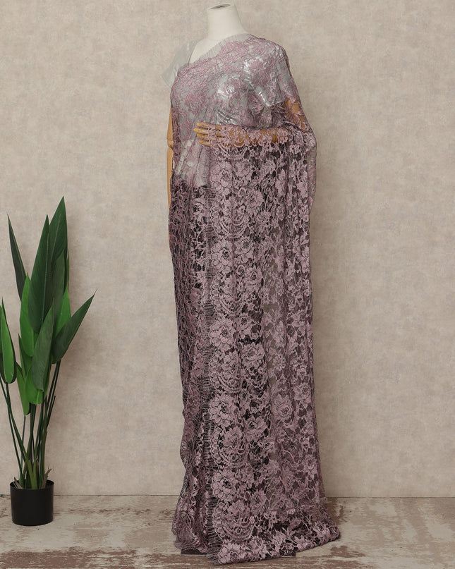 Dusty Pink French Chantilly Saree Lace Elegant Floral Net Design 5.5 Mtrs Length 110 Cms Width Premium Soft Sheer Fabric France Origin-D28932 Regal Fabrics