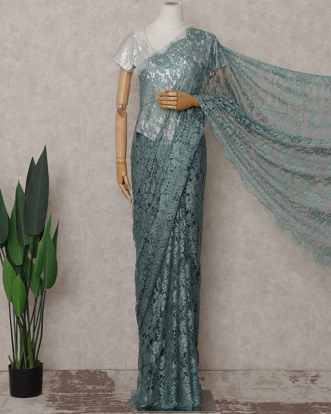 Sea Green Floral French Chantilly Lace Saree