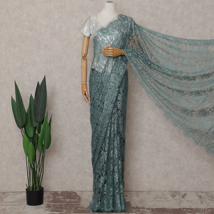 Sea Green Floral French Chantilly Lace Saree