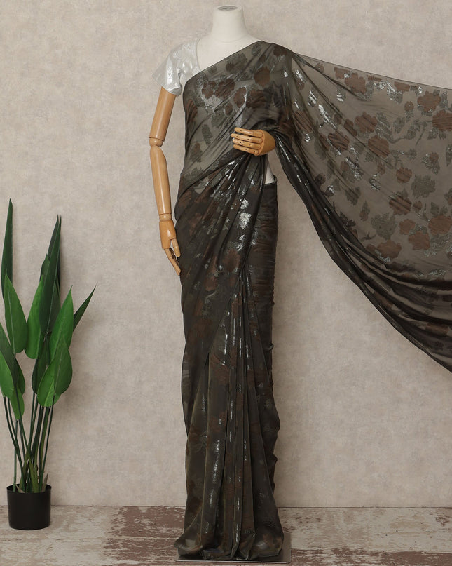 Olive Brown Metallic French Chiffon Saree 5.5 Meters Length 110 Cms Width Lightweight Printed Elegant Party Wear Soft Flowy Fabric Premium Quality Without Blouse Piece-D28732 Regal Fabrics