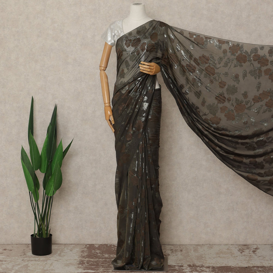Olive Brown Metallic French Chiffon Saree 5.5 Meters Length 110 Cms Width Lightweight Printed Elegant Party Wear Soft Flowy Fabric Premium Quality Without Blouse Piece-D28732 Regal Fabrics