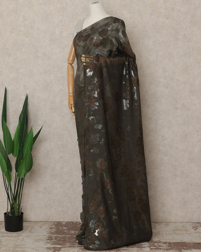 Olive Brown Metallic French Chiffon Saree 5.5 Meters Length 110 Cms Width Lightweight Printed Elegant Party Wear Soft Flowy Fabric Premium Quality Without Blouse Piece-D28732 Regal Fabrics