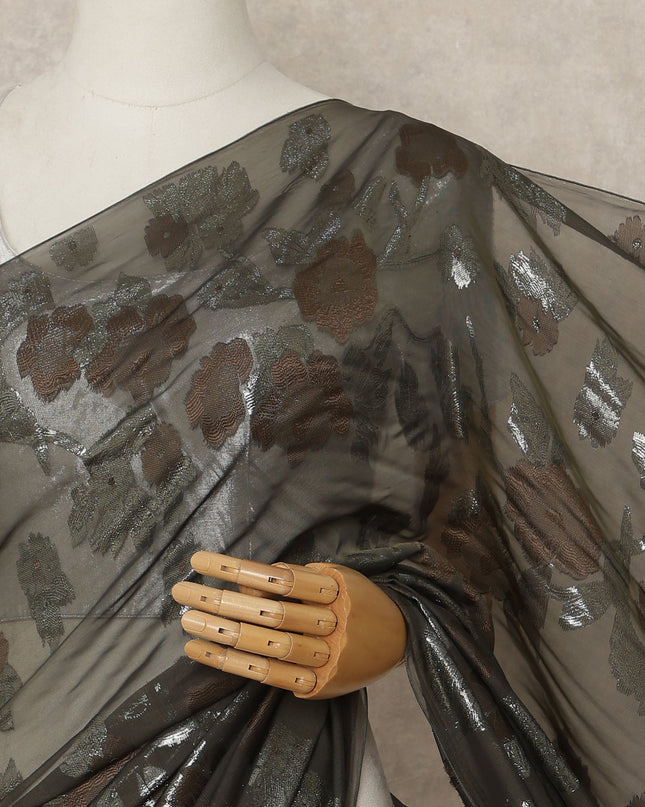 Olive Brown Metallic French Chiffon Saree 5.5 Meters Length 110 Cms Width Lightweight Printed Elegant Party Wear Soft Flowy Fabric Premium Quality Without Blouse Piece-D28732 Regal Fabrics