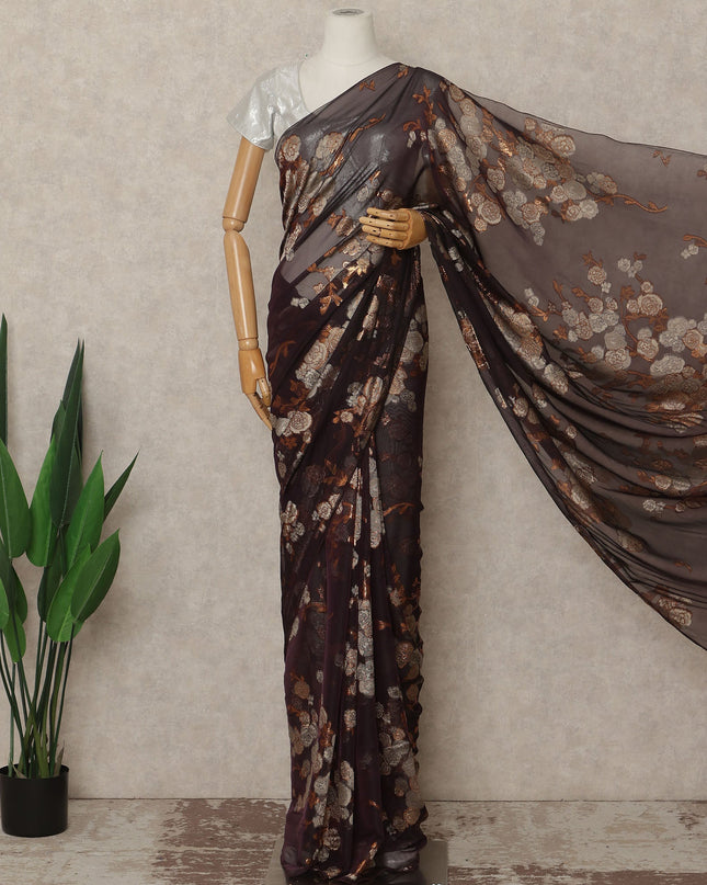 Deep Wine Brown Metallic French Chiffon Saree 5.5 Meters Length 110 Cms Width Lightweight Printed Elegant Party Wear Soft Flowy Fabric Premium Quality Without Blouse Piece-D28730 Regal Fabrics