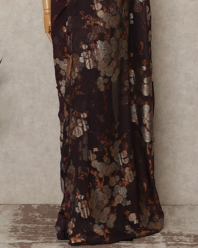 Deep Wine Brown Metallic French Chiffon Saree 5.5 Meters Length 110 Cms Width Lightweight Printed Elegant Party Wear Soft Flowy Fabric Premium Quality Without Blouse Piece-D28730 Regal Fabrics