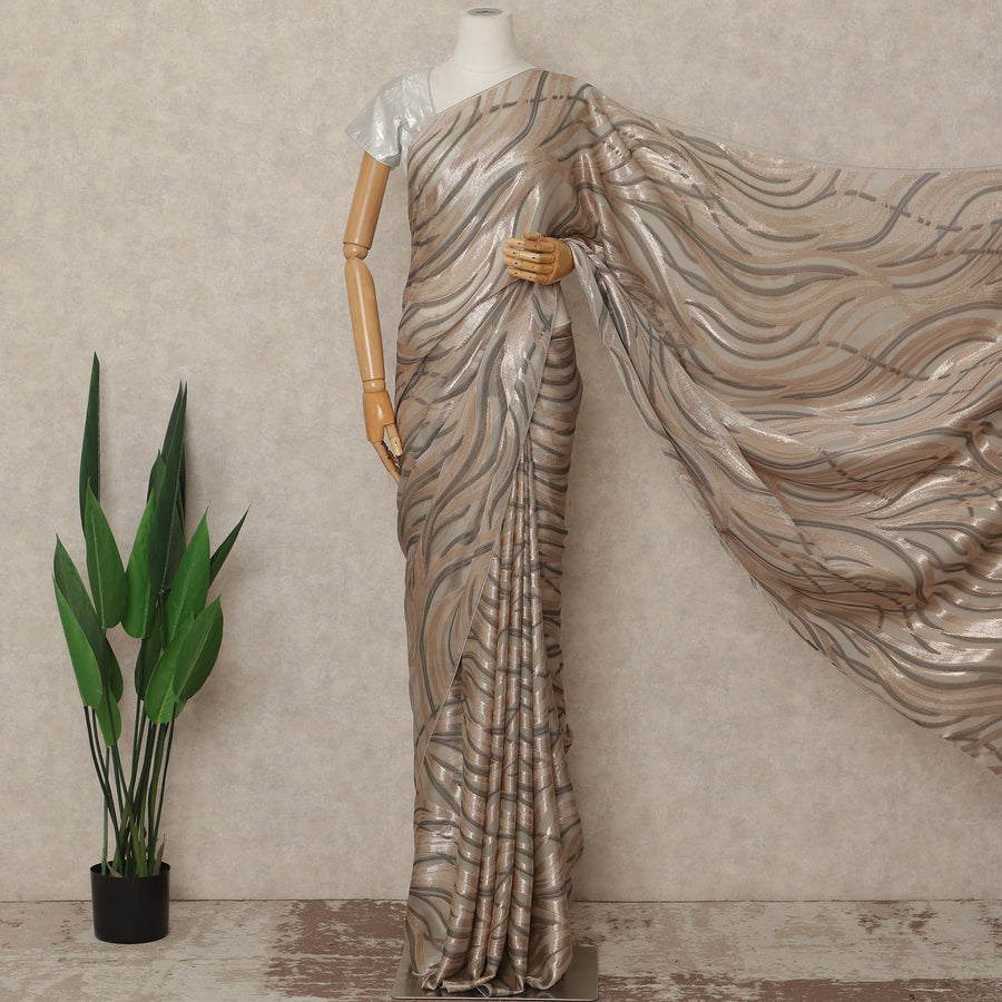 Beige Gold Metallic French Chiffon Saree 5.5 Meters Length 110 Cms Width Lightweight Printed Elegant Party Wear Soft Flowy Fabric Premium Quality Without Blouse Piece-D28726 Regal Fabrics