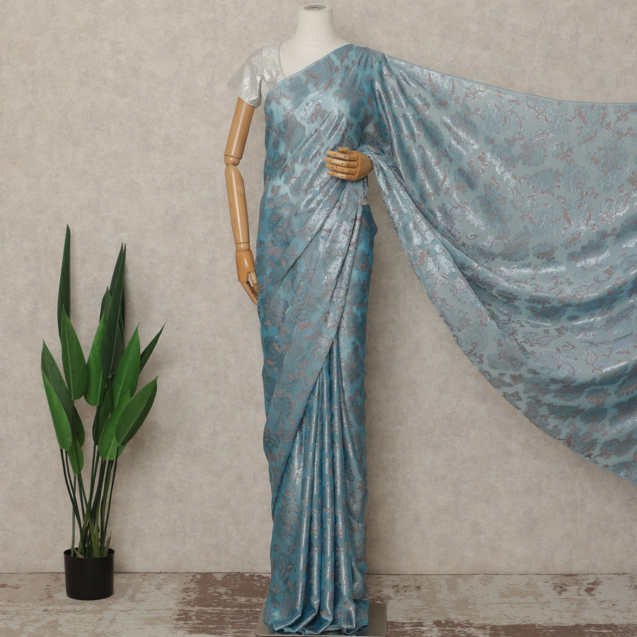 Dusty Blue Silver Metallic French Chiffon Saree 5.5 Meters Length 110 Cms Width Lightweight Printed Elegant Party Wear Soft Flowy Fabric Premium Quality Without Blouse Piece-D28721 Regal Fabrics
