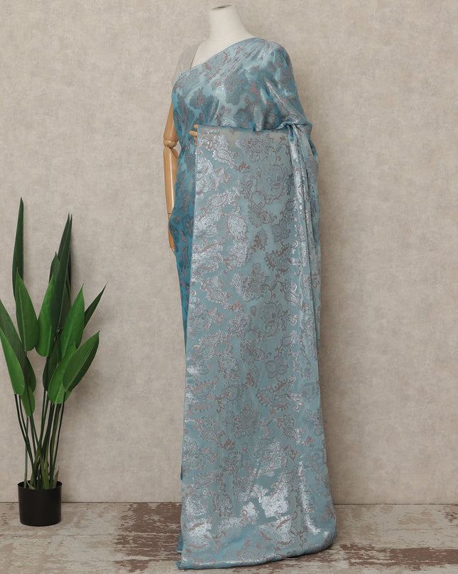 Dusty Blue Silver Metallic French Chiffon Saree 5.5 Meters Length 110 Cms Width Lightweight Printed Elegant Party Wear Soft Flowy Fabric Premium Quality Without Blouse Piece-D28721 Regal Fabrics