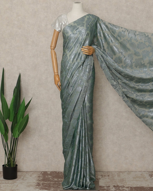 Sage Green Silver Metallic French Chiffon Saree 5.5 Meters Length 110 Cms Width Lightweight Printed Elegant Party Wear Soft Flowy Fabric Premium Quality Without Blouse Piece-D28724 Regal Fabrics