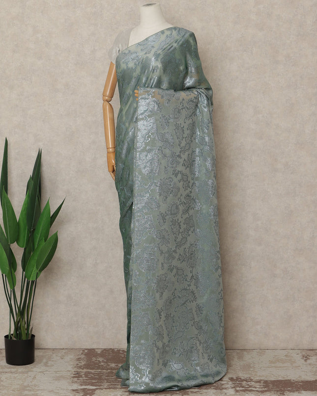 Sage Green Silver Metallic French Chiffon Saree 5.5 Meters Length 110 Cms Width Lightweight Printed Elegant Party Wear Soft Flowy Fabric Premium Quality Without Blouse Piece-D28724 Regal Fabrics