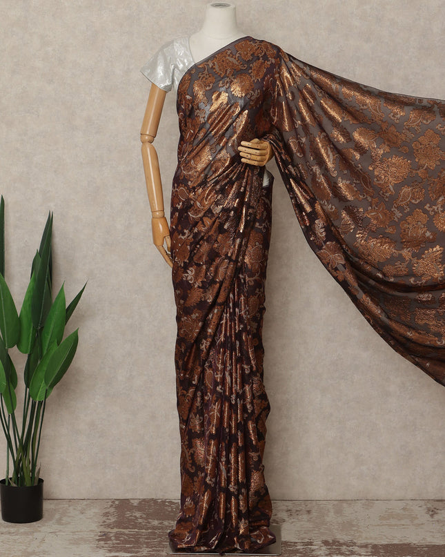 Dark Brown Copper Metallic French Chiffon Saree 5.5 Meters Length 110 Cms Width Lightweight Printed Elegant Party Wear Soft Flowy Fabric Premium Quality Without Blouse Piece-D28723 Regal Fabrics