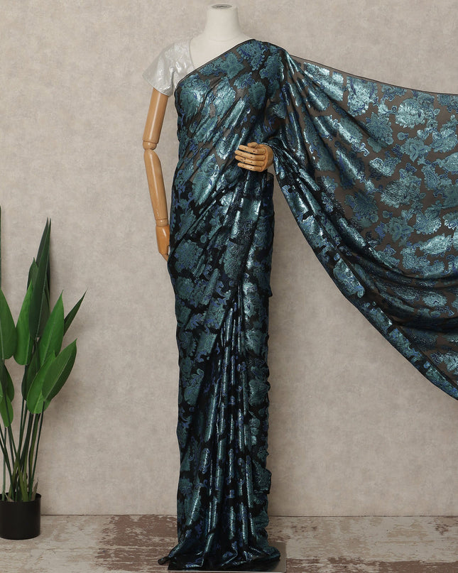 Black Teal Metallic French Chiffon Saree 5.5 Meters Length 110 Cms Width Lightweight Printed Elegant Party Wear Soft Flowy Fabric Premium Quality Without Blouse Piece-D28722 Regal Fabrics