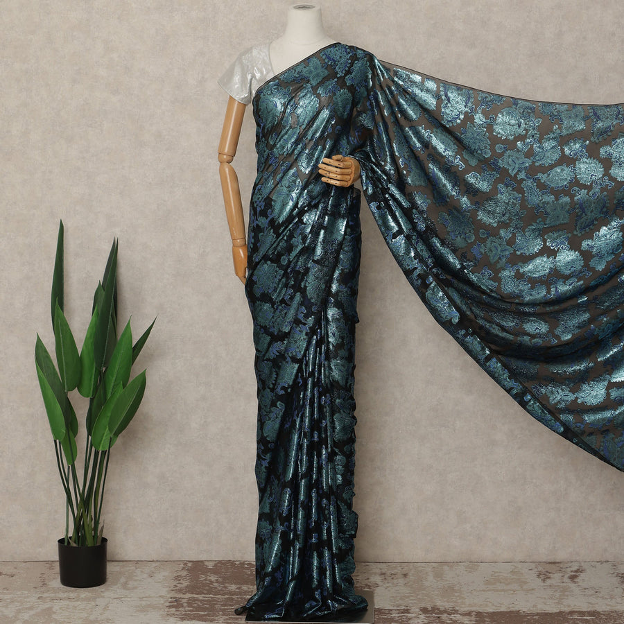Black Teal Metallic French Chiffon Saree 5.5 Meters Length 110 Cms Width Lightweight Printed Elegant Party Wear Soft Flowy Fabric Premium Quality Without Blouse Piece-D28722 Regal Fabrics