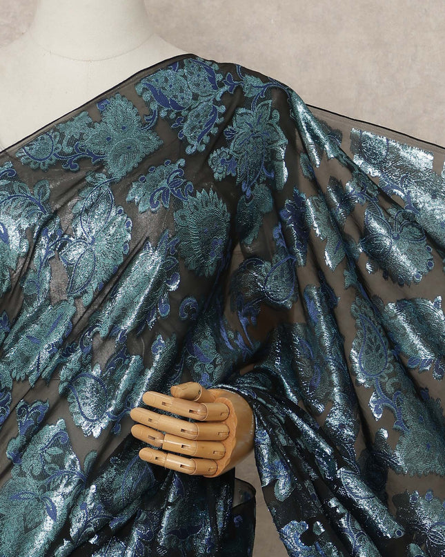 Black Teal Metallic French Chiffon Saree 5.5 Meters Length 110 Cms Width Lightweight Printed Elegant Party Wear Soft Flowy Fabric Premium Quality Without Blouse Piece-D28722 Regal Fabrics