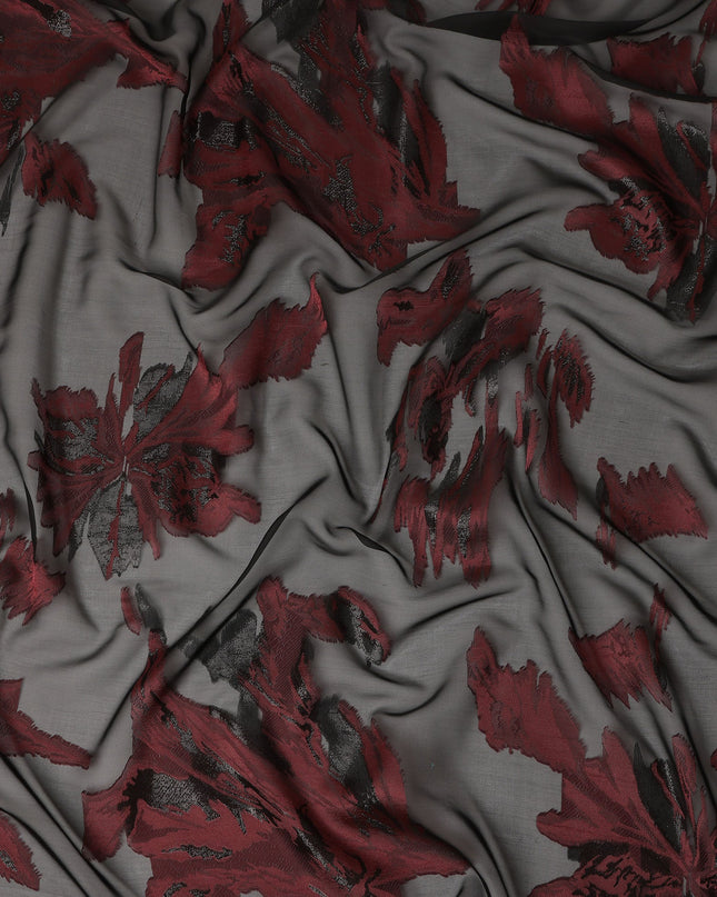 Black Red Abstract Floral Metallic Lurex Premium Pure French Silk Chiffon Fabric Artistic Woven Sheer Luxury Designer Fashion Fabric 110 Cms Width France Origin-D28514