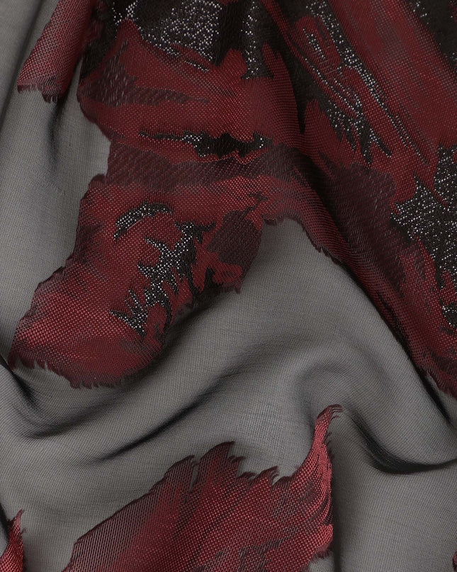 Black Red Abstract Floral Metallic Lurex Premium Pure French Silk Chiffon Fabric Artistic Woven Sheer Luxury Designer Fashion Fabric 110 Cms Width France Origin-D28514 - Regal Fabrics