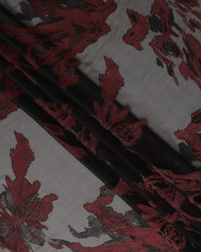 Black Red Abstract Floral Metallic Lurex Premium Pure French Silk Chiffon Fabric Artistic Woven Sheer Luxury Designer Fashion Fabric 110 Cms Width France Origin-D28514 - Regal Fabrics