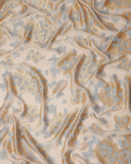 Champagne Beige Gold Silver Floral Metallic Lurex Premium Pure French Silk Chiffon Fabric Elegant Floral Woven Sheer Luxury Draping Fashion Fabric 110 Cms Width France Origin-D28508 - Regal Fabrics