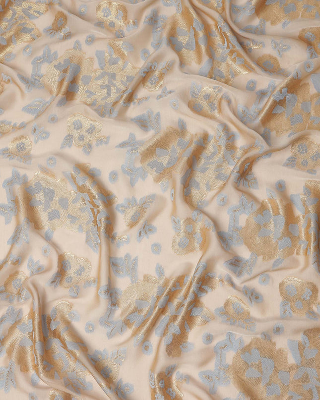 Champagne Beige Gold Silver Floral Metallic Lurex Premium Pure French Silk Chiffon Fabric Elegant Floral Woven Sheer Luxury Draping Fashion Fabric 110 Cms Width France Origin-D28508 - Regal Fabrics