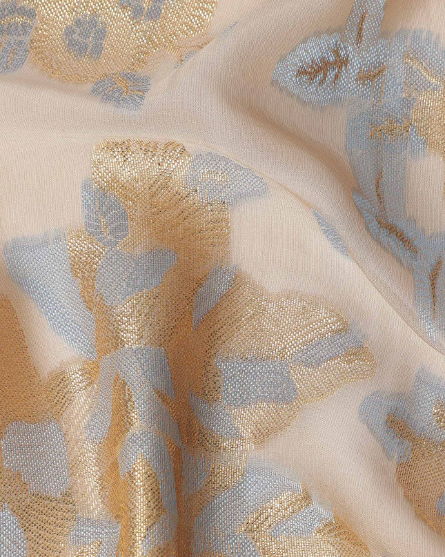 Champagne Beige Gold Silver Floral Metallic Lurex Premium Pure French Silk Chiffon Fabric Elegant Floral Woven Sheer Luxury Draping Fashion Fabric 110 Cms Width France Origin-D28508 - Regal Fabrics