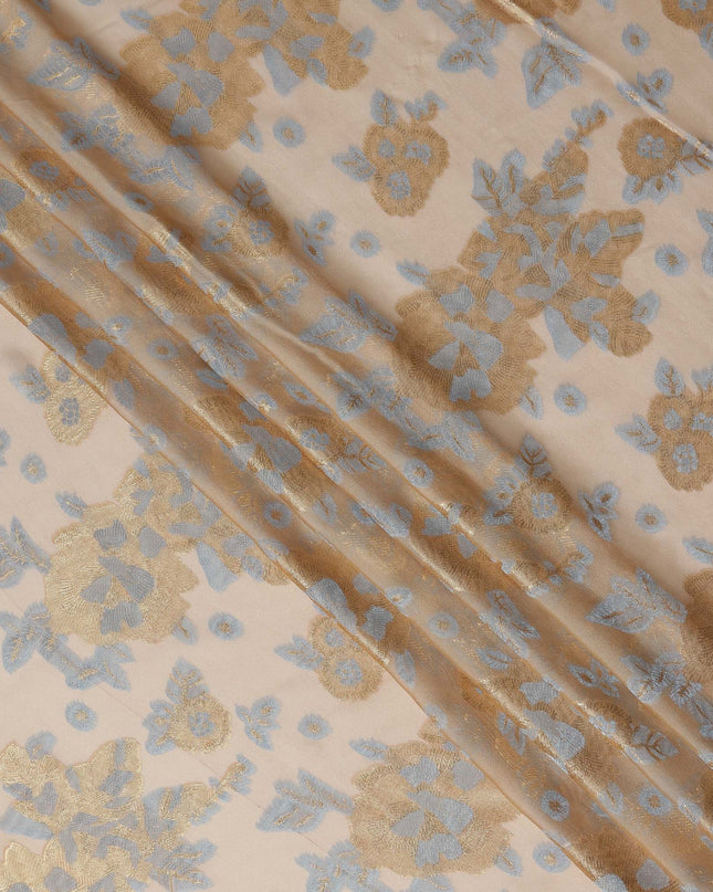 Champagne Beige Gold Silver Floral Metallic Lurex Premium Pure French Silk Chiffon Fabric Elegant Floral Woven Sheer Luxury Draping Fashion Fabric 110 Cms Width France Origin-D28508 - Regal Fabrics