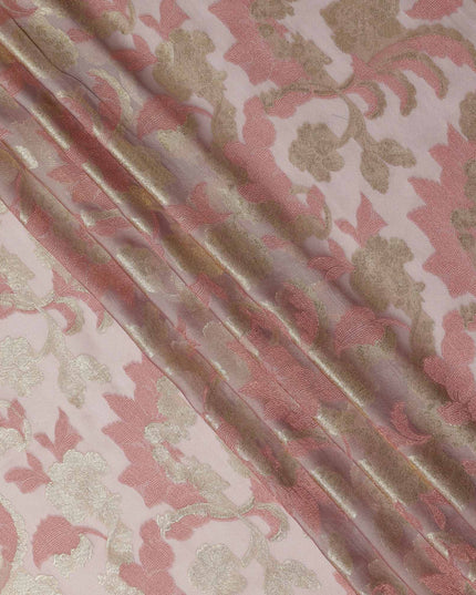 Blush Pink Gold Floral Metallic Lurex Premium Pure French Silk Chiffon Fabric Elegant Floral Woven Sheer Luxury Designer Fashion Fabric 110 Cms Width France Origin-D28510 - Regal Fabrics