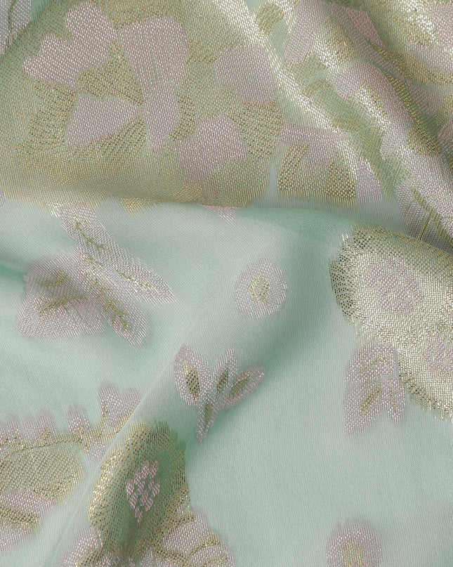 Mint Green Gold Floral Metallic Lurex Premium Pure French Silk Chiffon Fabric Elegant Floral Woven Sheer Luxury Designer Fashion Fabric 110 Cms Width France Origin-D28509 - Regal Fabrics