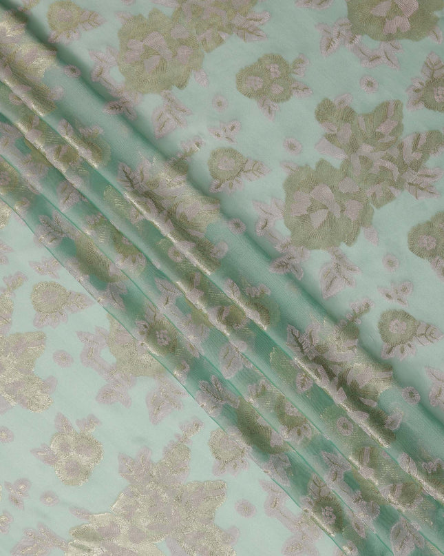Mint Green Gold Floral Metallic Lurex Premium Pure French Silk Chiffon Fabric Elegant Floral Woven Sheer Luxury Designer Fashion Fabric 110 Cms Width France Origin-D28509 - Regal Fabrics