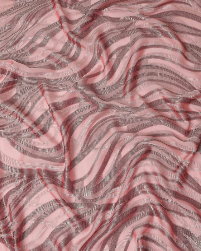 Blush Pink Abstract Wave Metallic Lurex Premium Pure French Silk Chiffon Fabric Shimmer Woven Designer Flowing Luxury Fashion Fabric 110 Cms Width France Origin-D28511