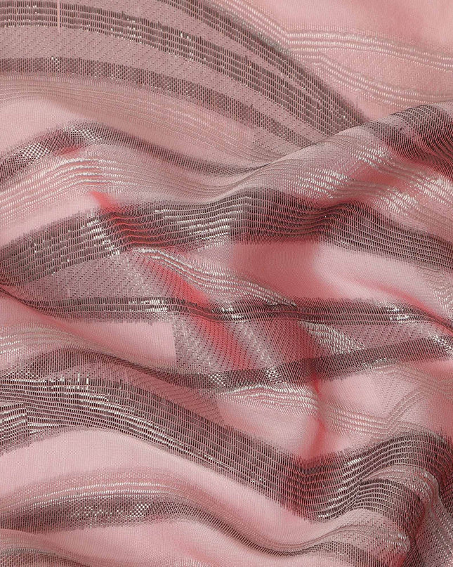 Blush Pink Abstract Wave Metallic Lurex Premium Pure French Silk Chiffon Fabric Shimmer Woven Designer Flowing Luxury Fashion Fabric 110 Cms Width France Origin-D28511 - Regal Fabrics