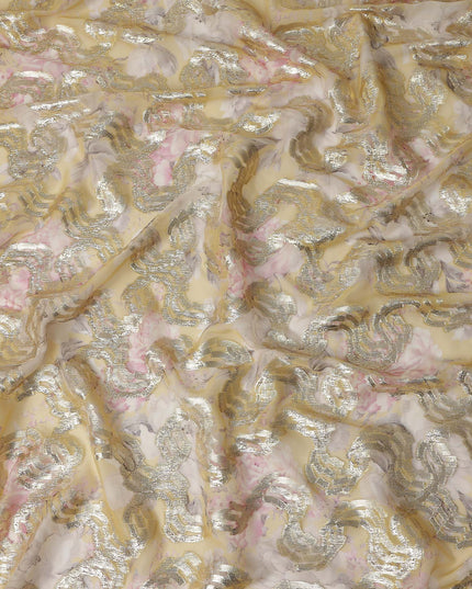 Mustard Gold Ribbon Floral Pure Silk Chiffon 140cm