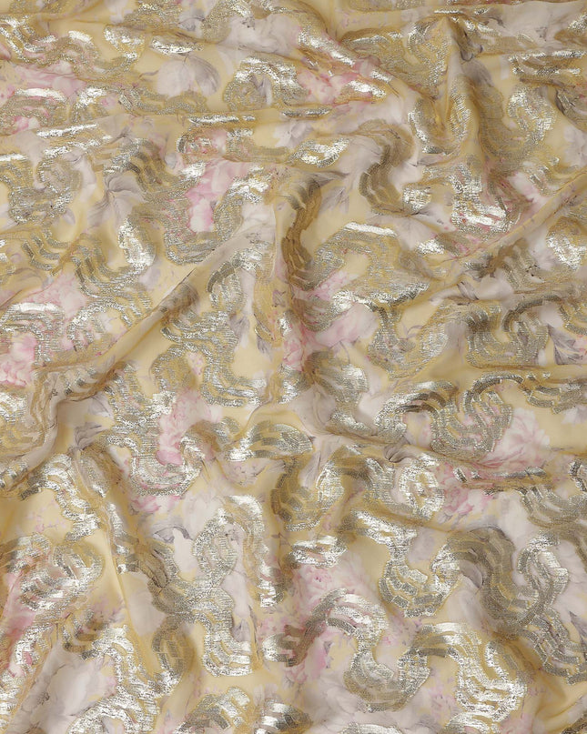 Mustard Gold Ribbon Floral Pure Silk Chiffon 140cm