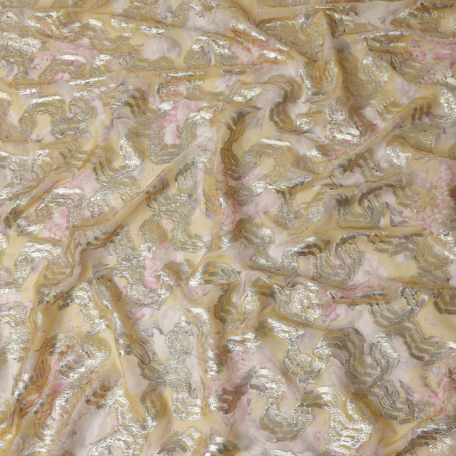 Mustard Gold Ribbon Floral Pure Silk Chiffon 140cm