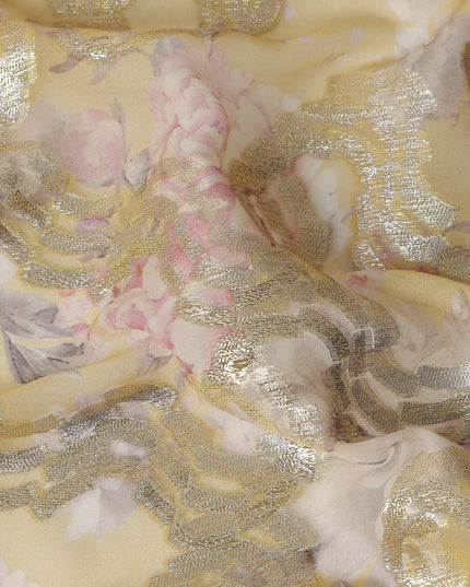 Mustard Gold Ribbon Floral Pure Silk Chiffon 140cm
