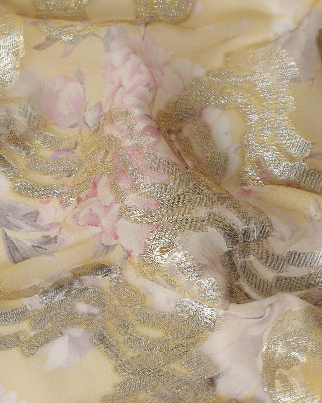 Mustard Gold Ribbon Floral Pure Silk Chiffon 140cm