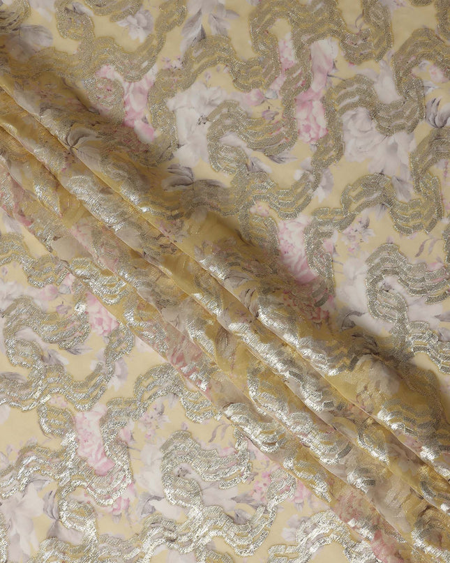 Mustard Gold Ribbon Floral Pure Silk Chiffon 140cm
