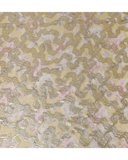 Mustard Gold Ribbon Floral Pure Silk Chiffon 140cm
