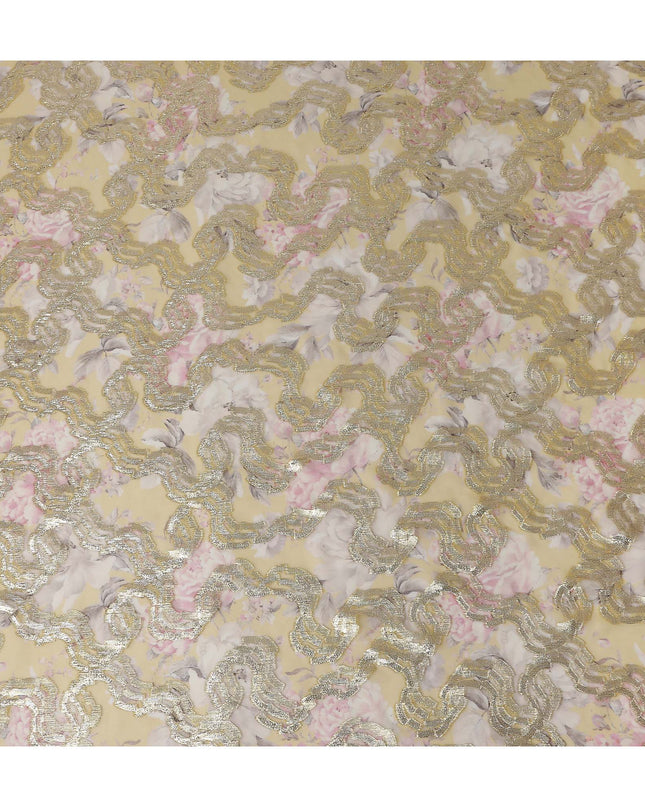 Mustard Gold Ribbon Floral Pure Silk Chiffon 140cm