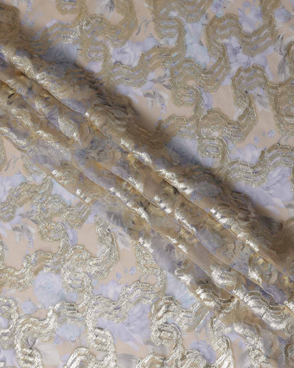 Golden Tan Lavender Floral Pure Silk Chiffon 140cm